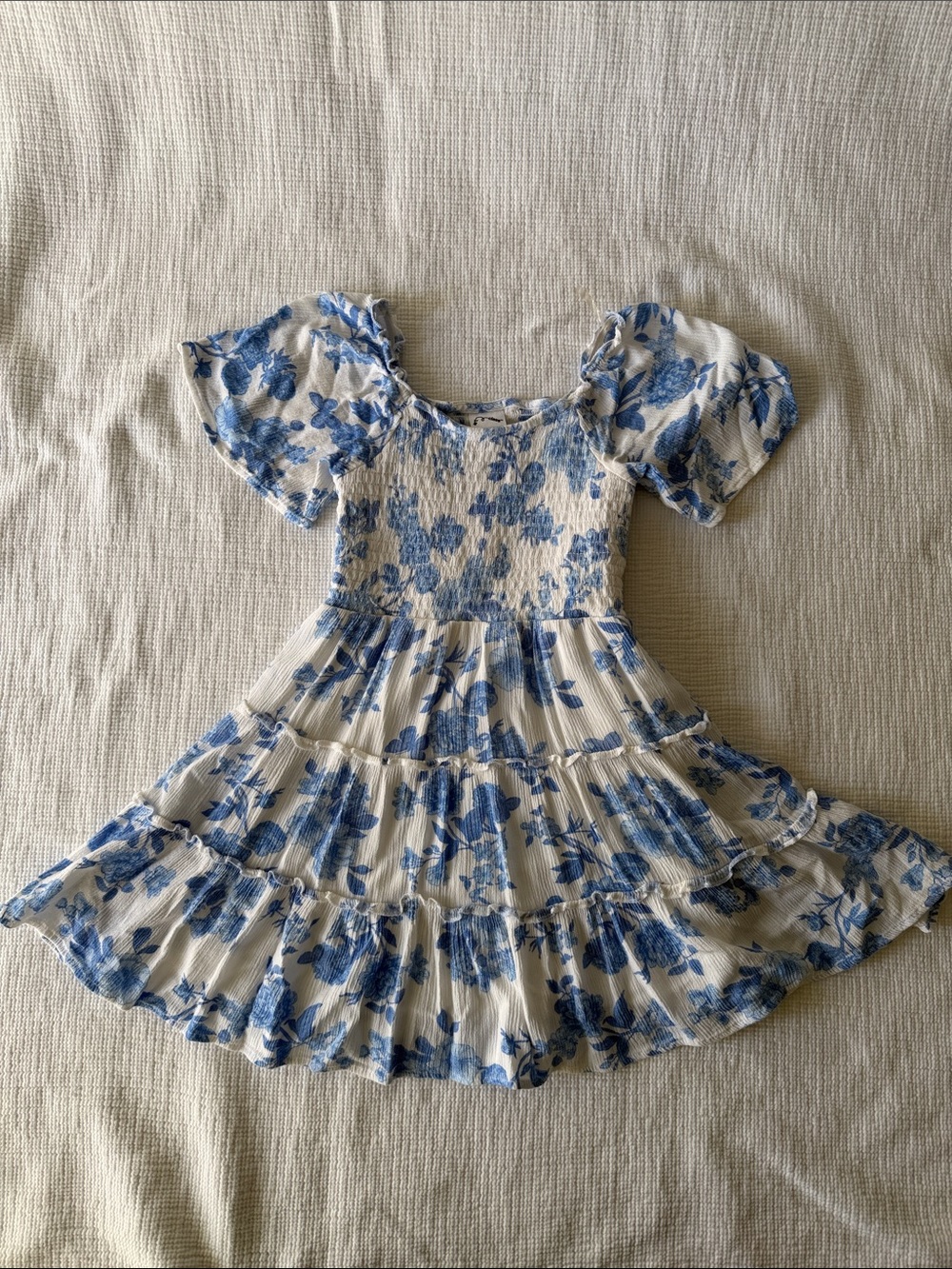 art class Girls White and Blue Floral Smocked Tiered Dress